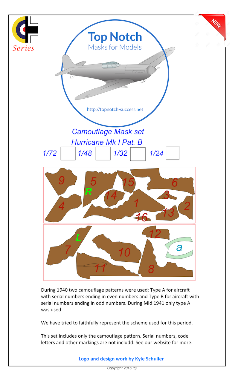 TopNotch TNM24-M011 1:24 Hawker Hurricane Mk.I Pattern B camouflage pattern paint masks