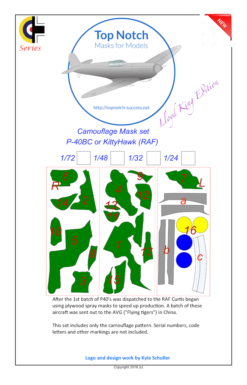 TopNotch TNM24-M040 1:24 Curtiss P-40B/P-40C Kittyhawk camouflage pattern paint masks
