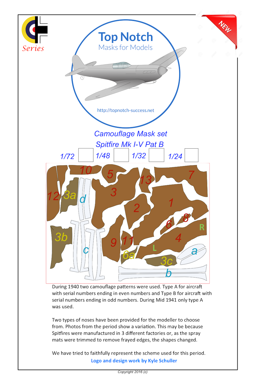 TopNotch TNM24-M051 1:24 Supermarine Spitfire Mk.I to Mk.V Pattern B camouflage pattern paint masks
