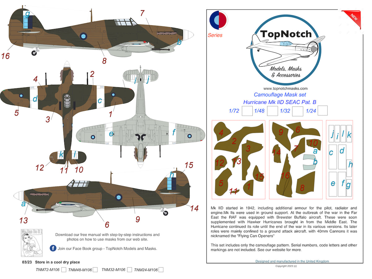 TopNotch TNM24-M106 1:24 SEAC Hawker Hurricane Mk.IID Pattern B Camouflage pattern paint masks
