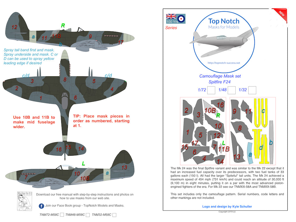 TopNotch TNM32-M058C 1:32 Supermarine Spitfire Mk.24 camouflage pattern paint masks