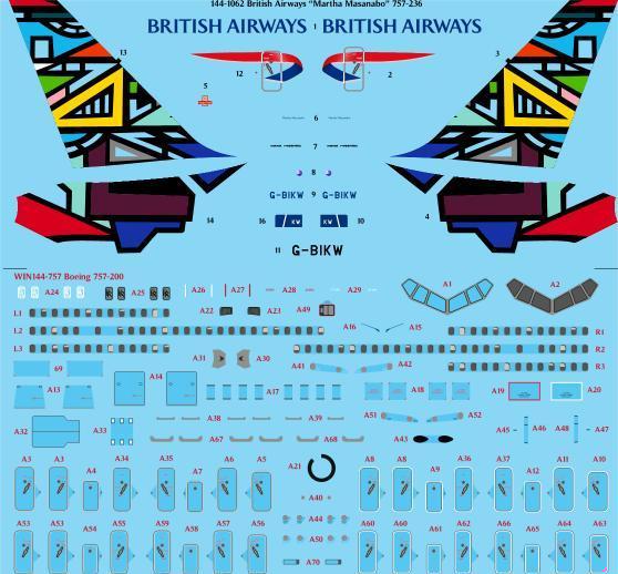 26 Decals TS144-1062 1:144 British Airways Martha Masanabo Boeing 757-236 Laser Decal with Screen Print Details - for Zvezda