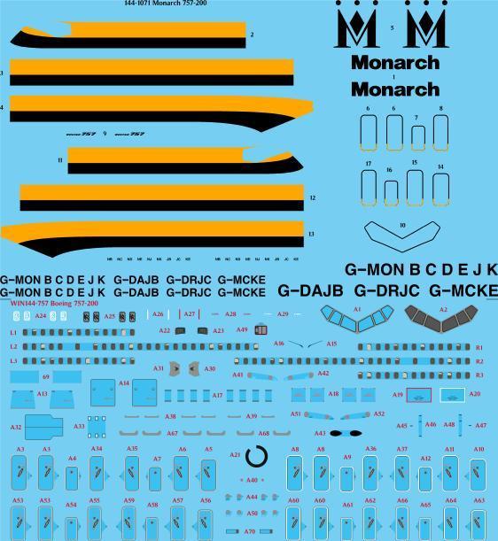 26 Decals TS144-1071 1:144 Monarch Boeing 757-200 Laser Decal with Screen Print Details - for Zvezda kit