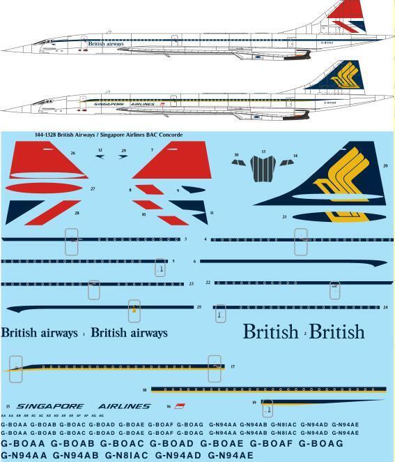 26 Decals TS144-1328 1:144 British Airways / Singapore Airlines BAC Concorde laser decal