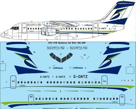26 Decals 144-1338 1:144 Business Air BAe 146-200 laser decal