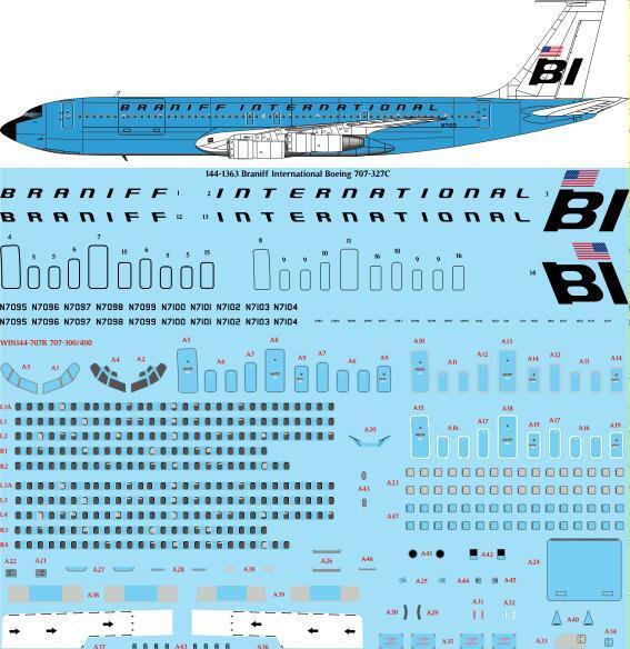 26 Decals TS144-1363 1:144 Braniff International Boeing 707-327C laser decal with screen print details