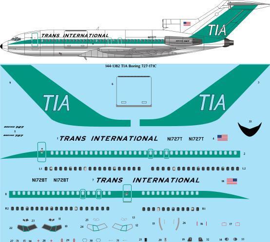 26 Decals TS144-1382 1:144 TIA Trans International Boeing 727-171C laser decal