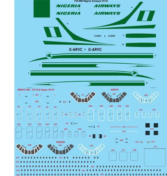 26 Decals TS144-998 1:144 Nigeria Airways Vickers VC-10 Laser Decal with Screen Print Details
