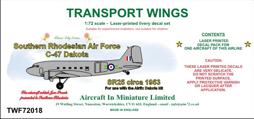 AIM - Transport Wings TWF72018 1:72 Southern Rhodesian Air Force C-47 Dakota (Circa 1953) Decal Set