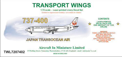 AIM - Transport Wings TWL7207402 1:72 Boeing 737-400 Japan Transocean Air Decal Set