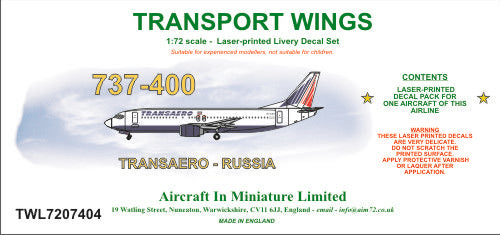 AIM - Transport Wings TWL7207404 1:72 Boeing 737-400 Transaero - Russia Decal Set