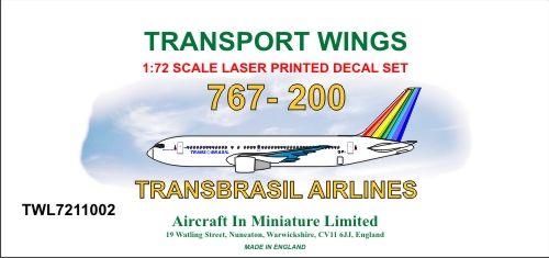 AIM - Transport Wings TWL7211002 1:72 Boeing 767-200 Trans Brasil Airlines Decal Set