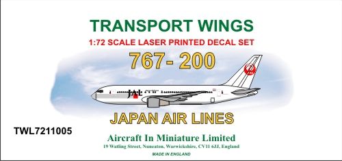 AIM - Transport Wings TWL7211005 1:72 Boeing 767-200 Japan Airlines Decal Set
