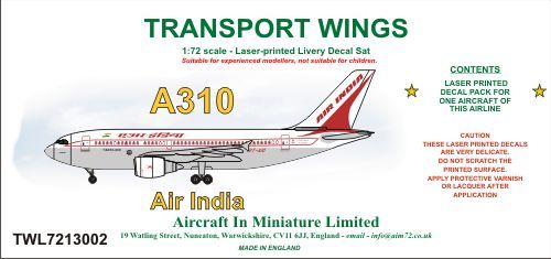 AIM - Transport Wings TWL7213002 1:72 Airbus A310 Air India Decal Set