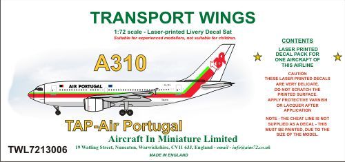 AIM - Transport Wings TWL7213006 1:72 Airbus A310 TAP Air Portugal Decal Set