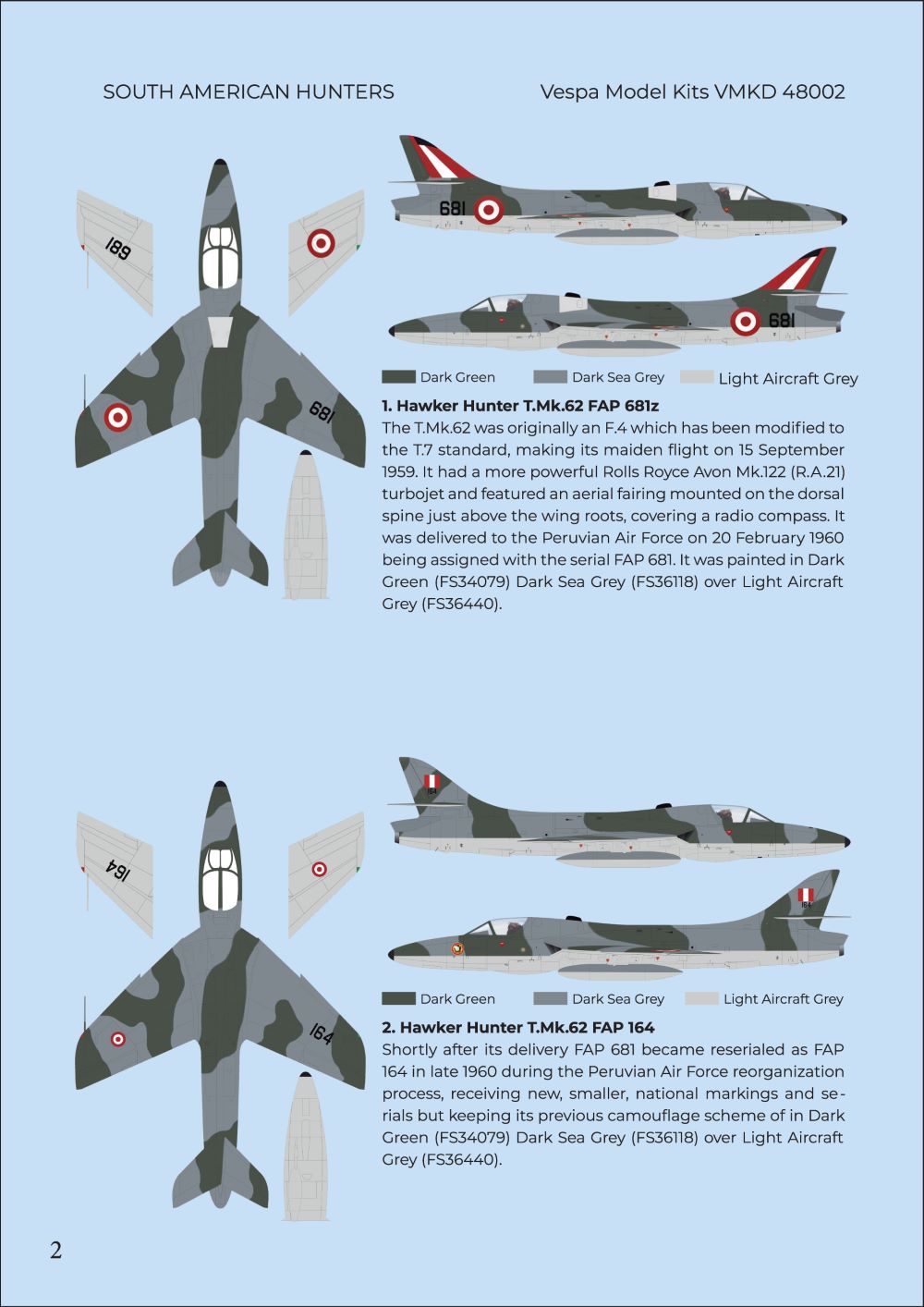Vespa Models VD48002 1:48 South American Hawker Hunters. T Mk.62/ F Mk.52/ F Mk.71/