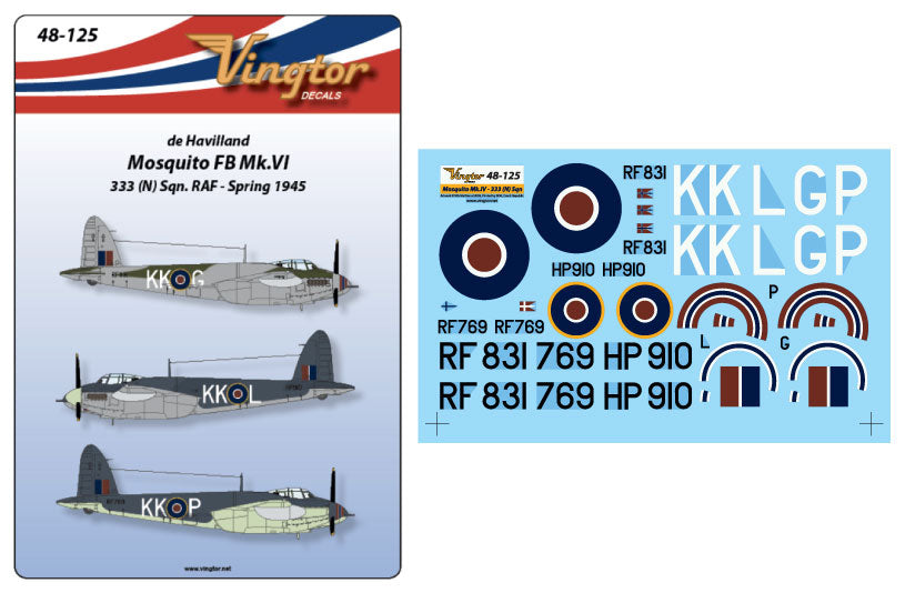 Vingtor Decals 48-125 1:48 de Havilland Mosquito Mk.VI - 333 (N) Sqn. RAF, Spring 1945 -