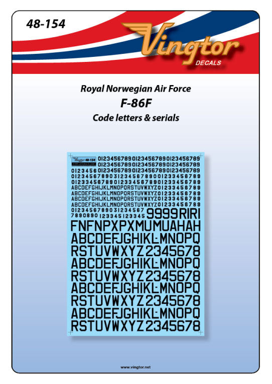 Vingtor Decals 48-154 1:48 North-American F-86F Sabre, Squadron codes & serials, RNoAF