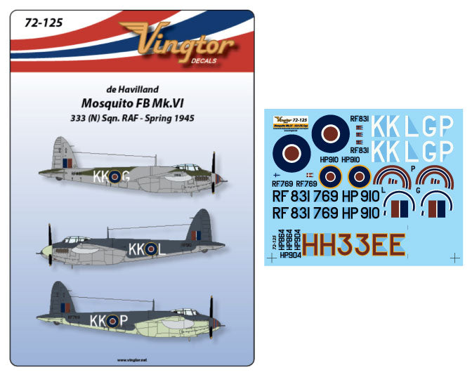Vingtor Decals 72-125 1:72 de Havilland Mosquito Mk.VI - 333 (N) Sqn. RAF, Spring 1945 -