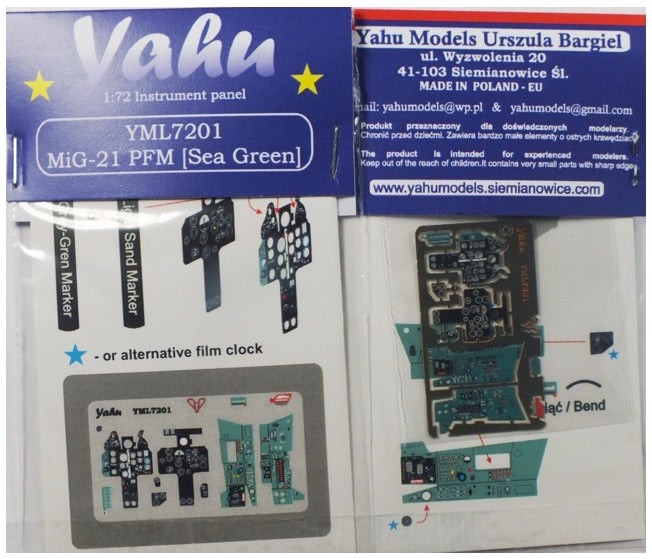 Yahu Models YML7201 1:72 Mikoyan MiG-21 PFM (Sea Green) high quality, colour printed, etched cockpit instrument panel