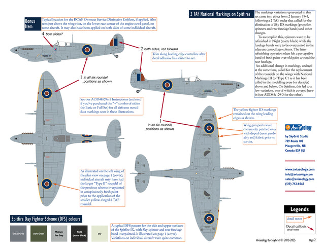 Aviaeology ADD48C109-2 1:48 Spitfire National Markings – Late (2 TAF, 1945, variation 1)