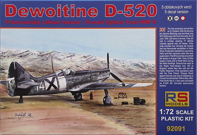 RS Models 92091 1:72 Dewoitine D.520 Decals France, Italy and Bulgaria
