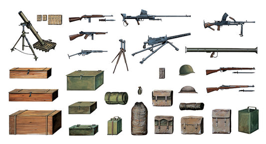 Italeri 407 1:35 Allied WWII Guns, Rifles, Mortars, packs, helmets, boxes etc #1