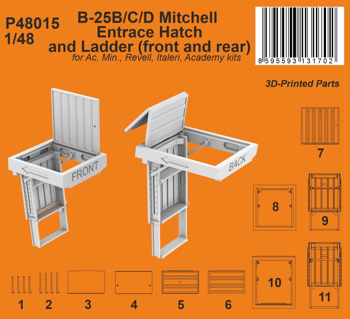 CMK/Czech Master Kits P48015 1:48 B-25B/C/D/G Mitchell Entrace Hatch and Ladder (front and rear)(designed to be used with Academy, Accurate Miniatures, Italeri and Revell kits) 3D-printed air intakes, both the front and rear on