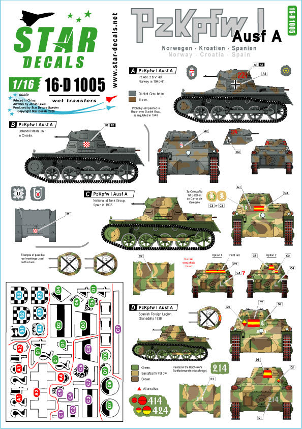 Star Decals 16-D1005 1:16 Pz.Kpfw.I Ausf.A Pz.Abt z.b.V. 40 in Norway, Croatia / Ustashi tank unit, and Nationalist Tank Group and Spanish Foreign Legion