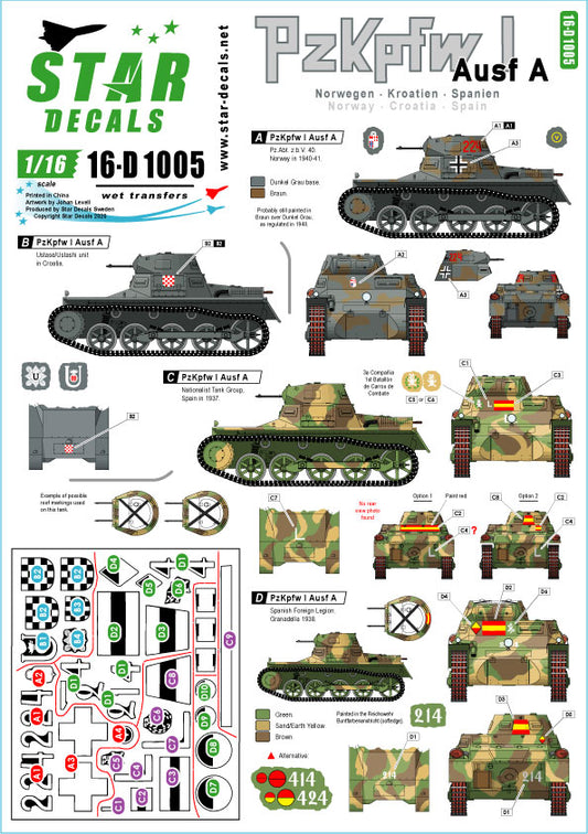 Star Decals 16-D1005 1:16 Pz.Kpfw.I Ausf.A Pz.Abt z.b.V. 40 in Norway, Croatia / Ustashi tank unit, and Nationalist Tank Group and Spanish Foreign Legion