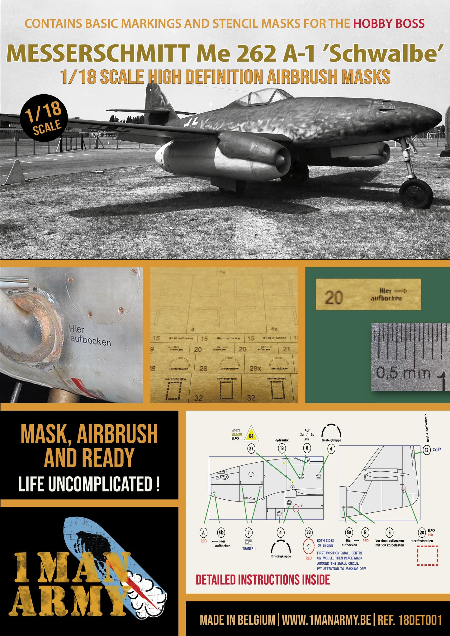 1ManArmy 18DET001 1:18 Messerschmitt Me-262A-1a high definition stencilling and national insignia paint masks (designed to be used with Hobby Boss kits)