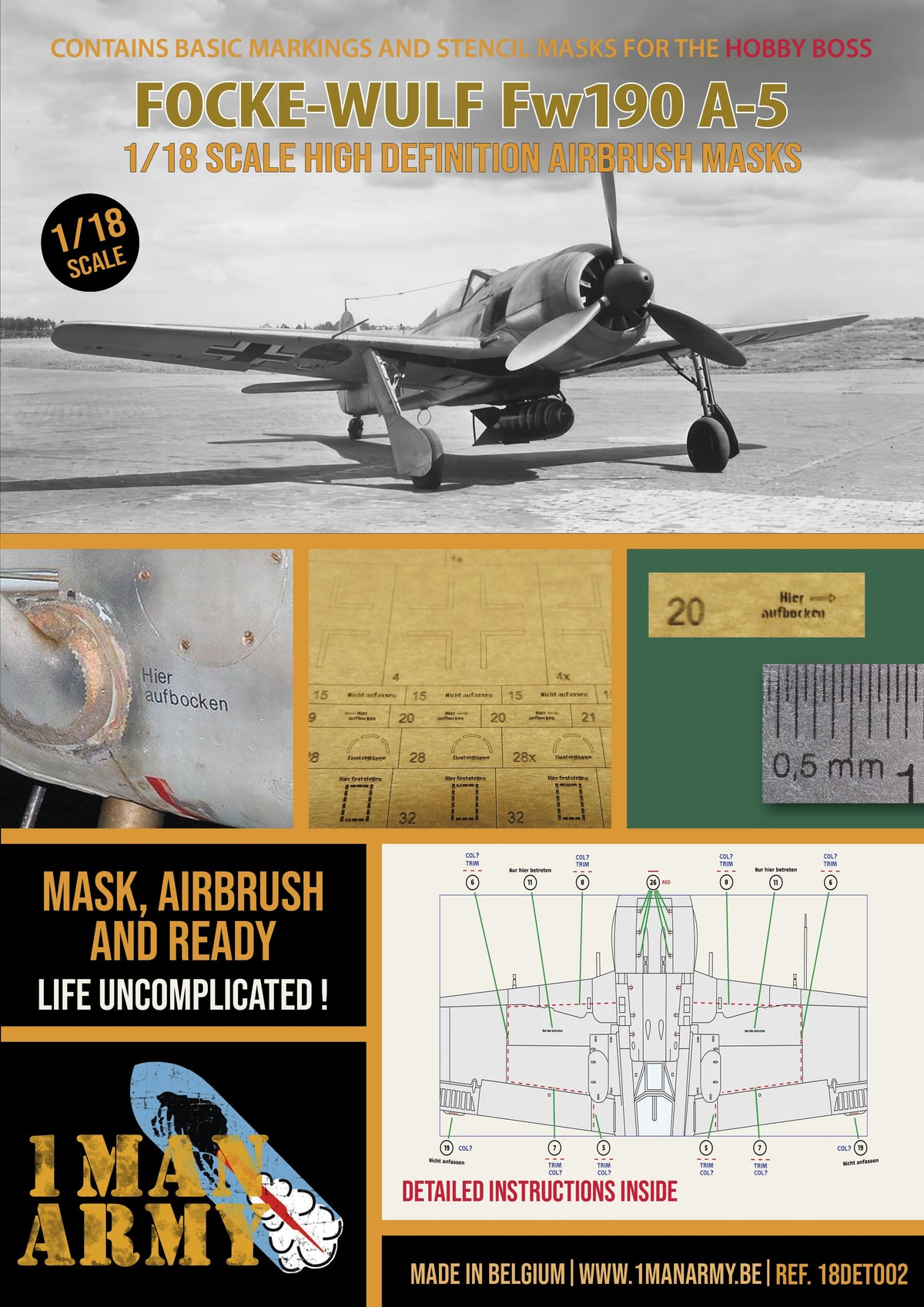 1ManArmy 18DET002 1:18 Focke-Wulf Fw-190A-5 High Definition Stencilling and National Insignia Paint Masks