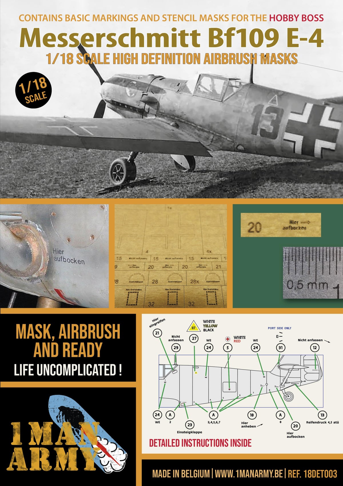 1ManArmy 18DET003 1:18 Messerschmitt Bf-109E-4 High Definition Stencilling and National Insignia Paint Mask