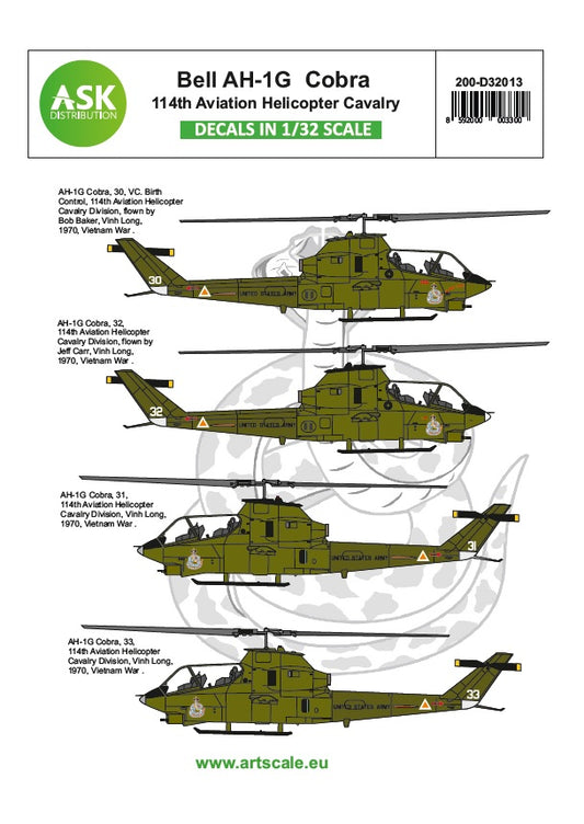 Art Scale 200-D32013 1:32 Bell AH-1G Cobra 11th Aviation Helicopter Cavalry part 3. Decal sheet. Contain decals for 4 markings.