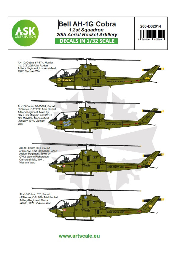 Art Scale 200-D32014 1:32 Bell AH-1G Cobra 20th Aerial rocket artilery part 1. Decal sheet