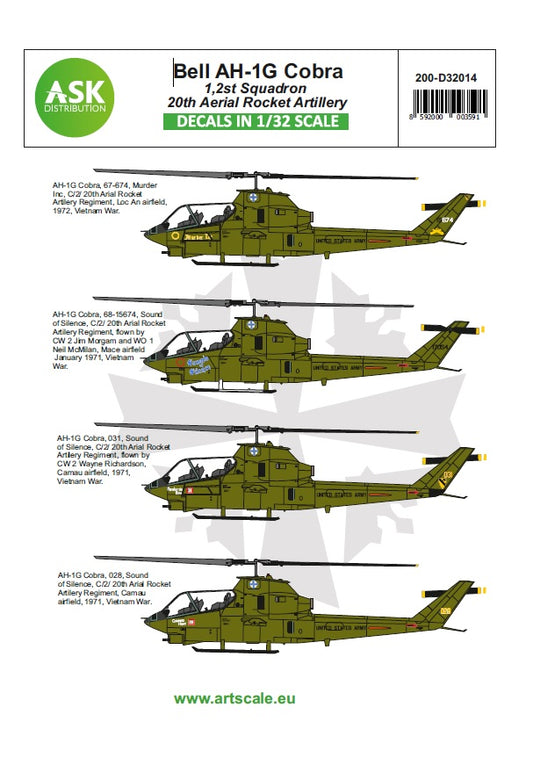 Art Scale 200-D32014 1:32 Bell AH-1G Cobra 20th Aerial rocket artilery part 1. Decal sheet