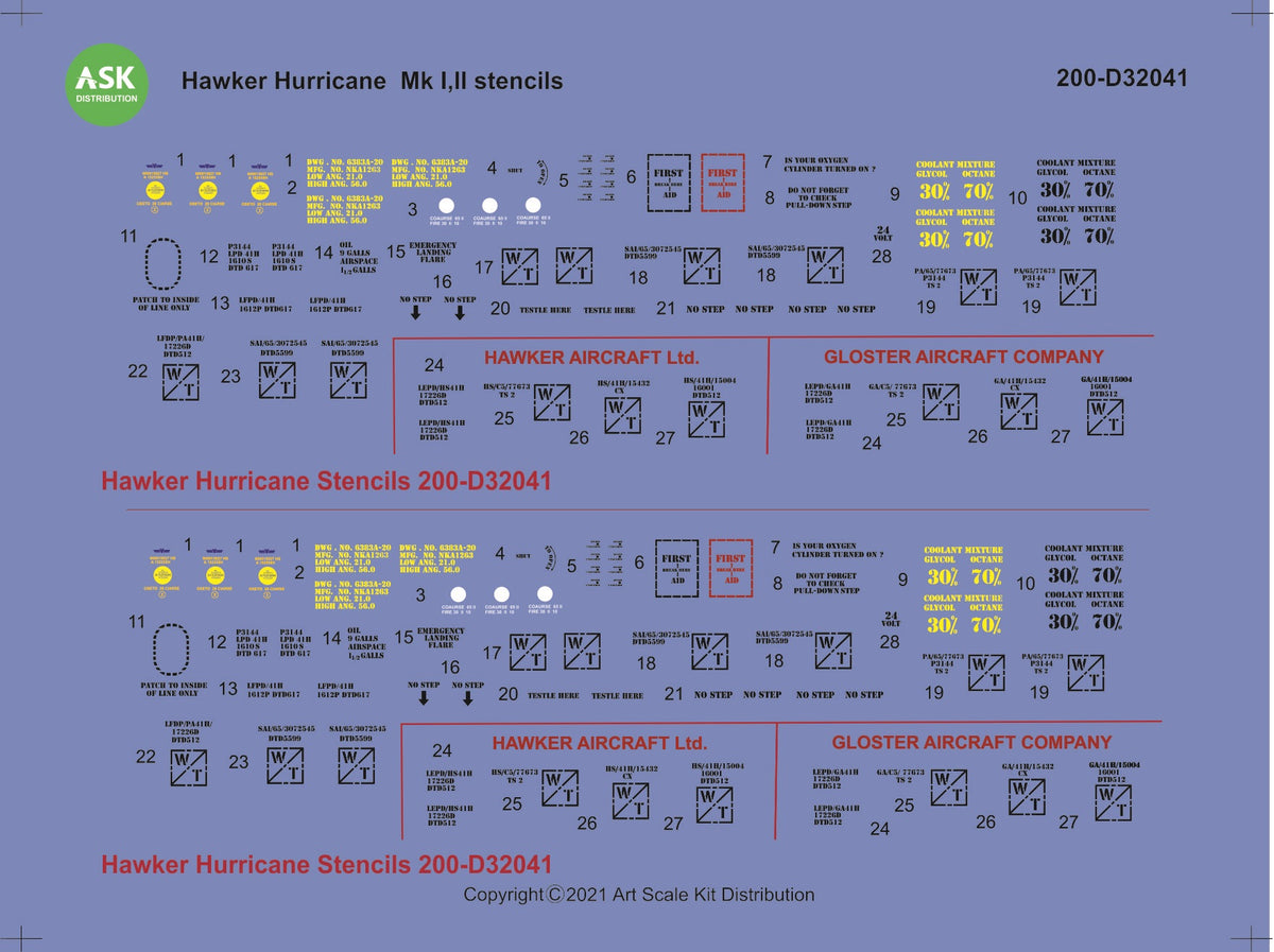 Art Scale 200-D32041 1:32 Hawker Hurricane Mk.I, Mk.II - stencils