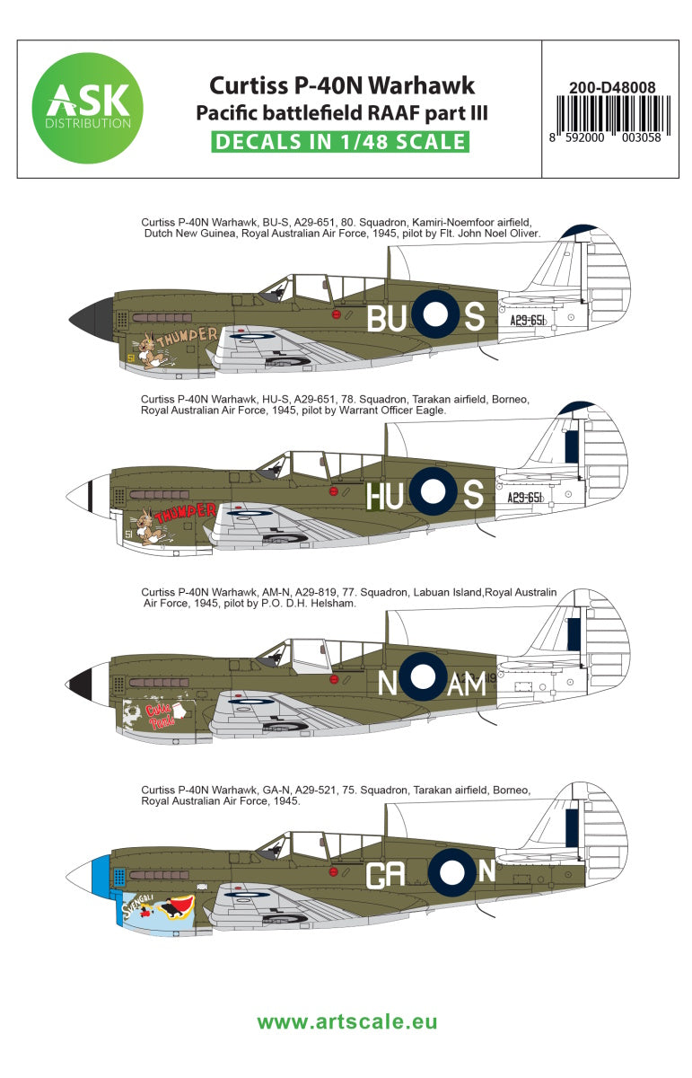Art Scale 200-D48008 1:48 Curtiss P-40N Warhawk Pacific battlefield RAAF part III