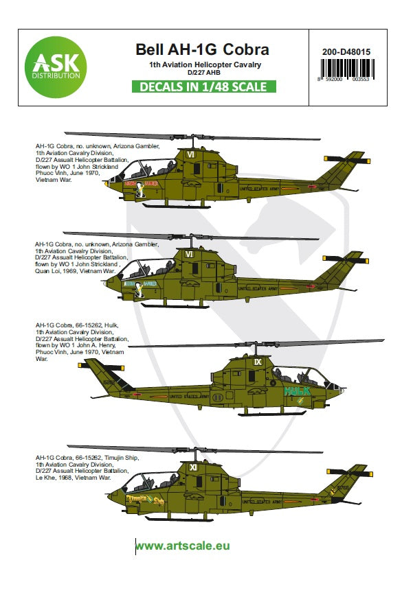 Art Scale 200-D48015 1:48 Bell AH-1G Cobra 1st Aviation Helicopter Cavalry D/227 AHB