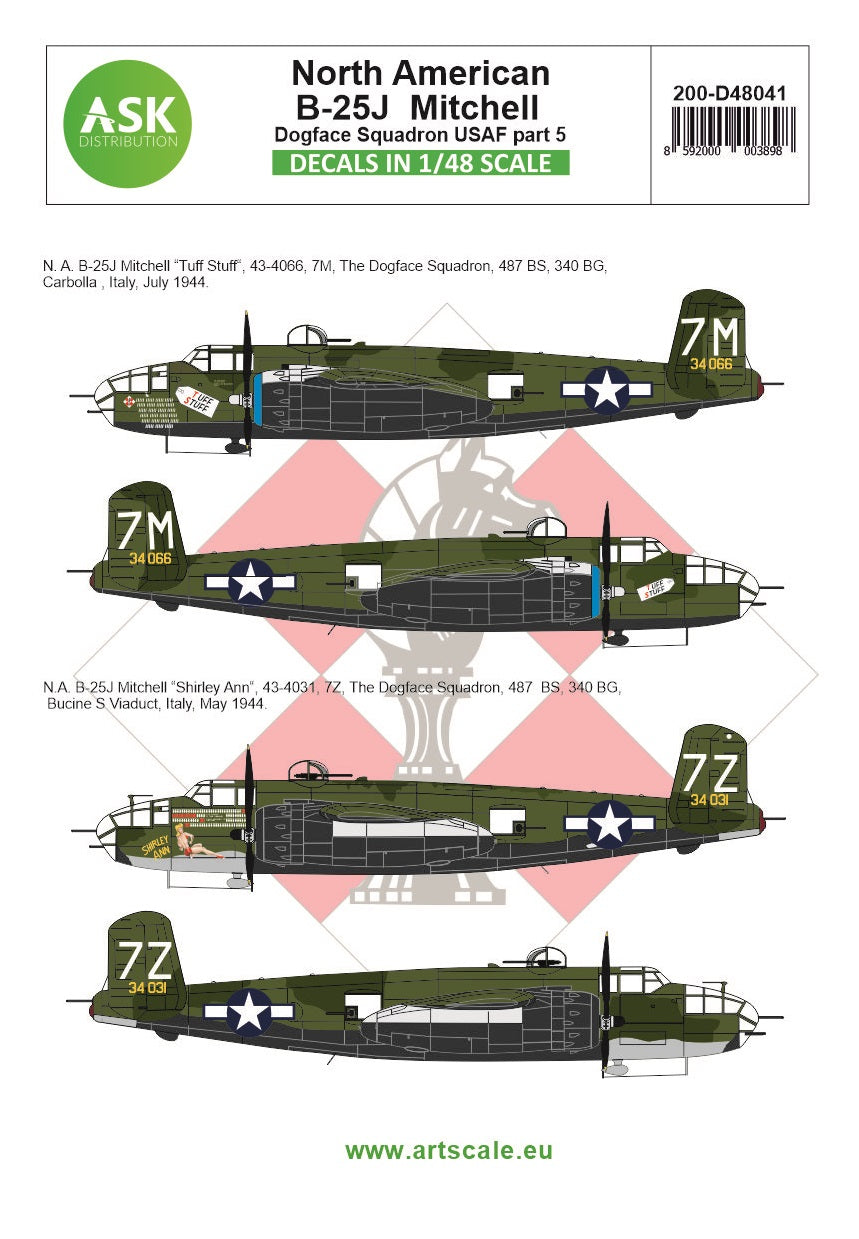 Art Scale 200-D48041 1:48 North-American B-25J Mitchell part 5 - US Dogface Squadron, 'Shirley Ann' & 'Tuff Stuff', Mediterranean area200-D48041 North-American B-25J Mitchell part 5 - US Dogface Squadron, Mediterranean areaDecal sheet for p