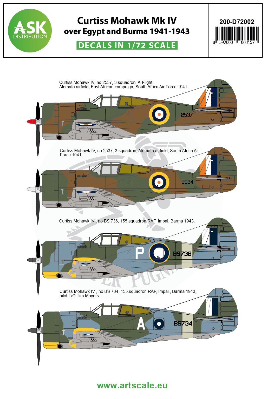 Art Scale 200-D72002 1:72 Curtiss Mohawk IV over Egypt and Burma 1941-1943