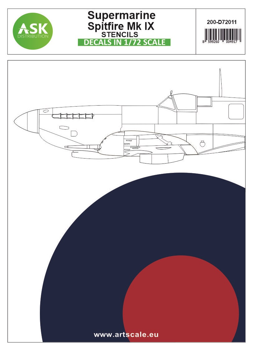 Art Scale 200-D72011 1:72 Supermarine Spitfire Mk.IX/ Mk.IXe part 1 - Greece, Turkiye, Burma. Contain 6 markings + stencils for one plastic kit.
