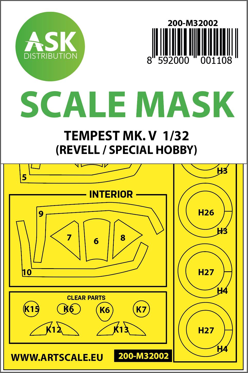 Art Scale 200-M32002 1:32 Hawker Tempest Mk.V Kabuki wheels and canopy frame paint masks (inside & outside)