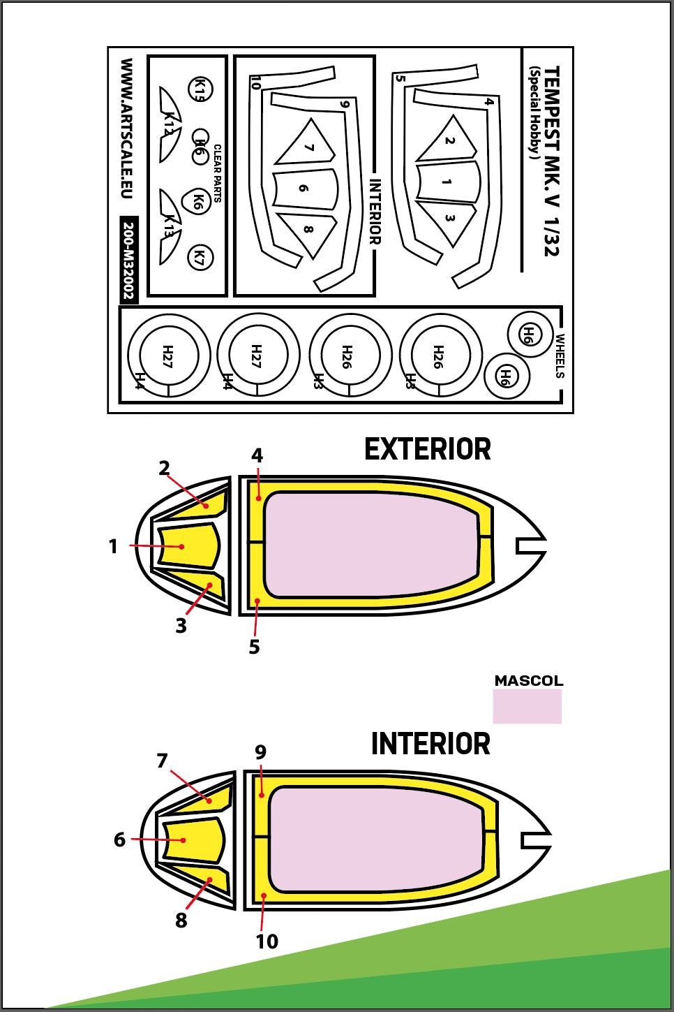 Art Scale 200-M32002 1:32 Hawker Tempest Mk.V Kabuki wheels and canopy frame paint masks (inside & outside)