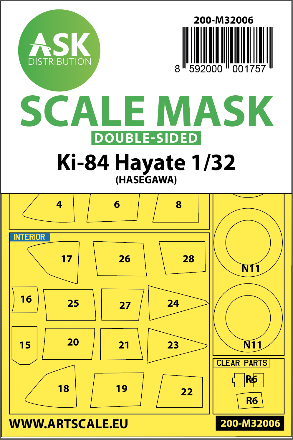Art Scale 200-M32006 1:32 Nakajima Ki-84 Hayate wheels and canopy frame paint masks