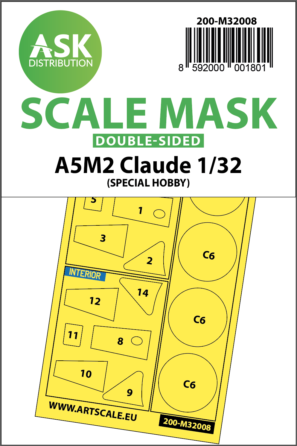 Art Scale 200-M32008 1:32 Mitsubishi A5M2 Claude wheels and canopy frame paint masks (inside & outside)