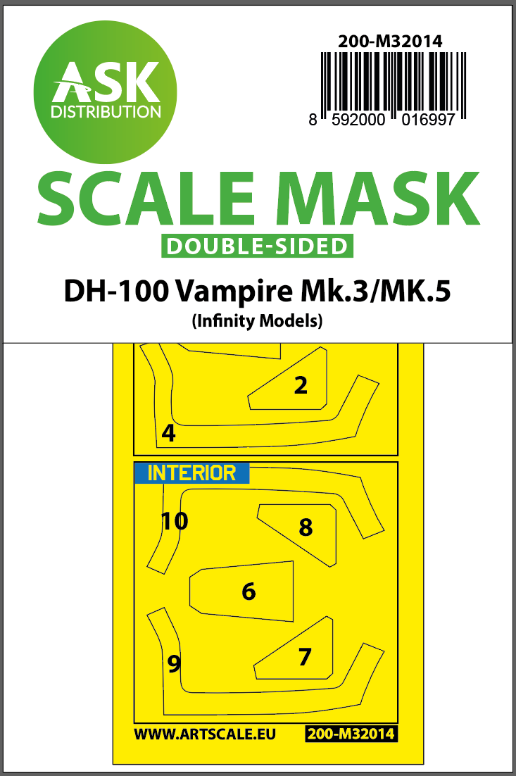 Art Scale 200-M32014 1:32 de Havilland DH-100 Vampire Mk.5 canopy frame paint masks (inside & outside)