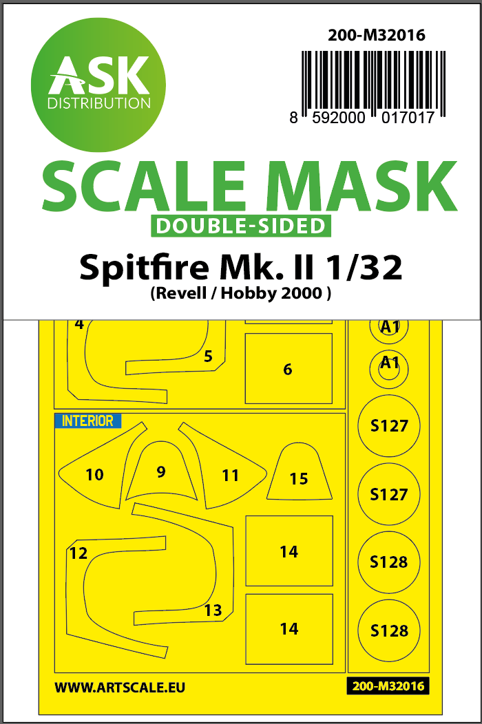 Art Scale 200-M32016 1:32 Supermarine Spitfire Mk.II wheels and canopy frame paint masks (inside & outside) Kabuki masking foil