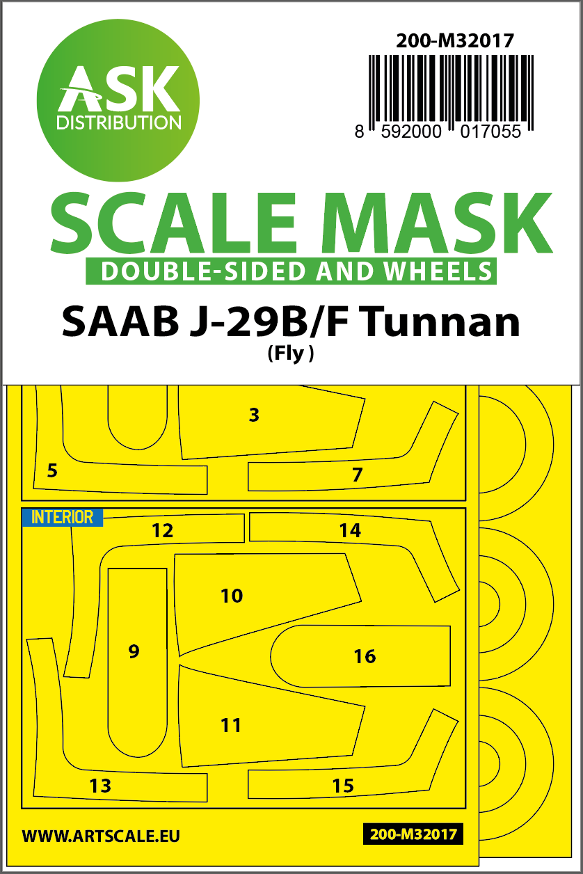 Art Scale 200-M32017 1:32 Saab J-29B/J-29F wheels and canopy frame paint masks (inside & outside) Kabuki masking foil
