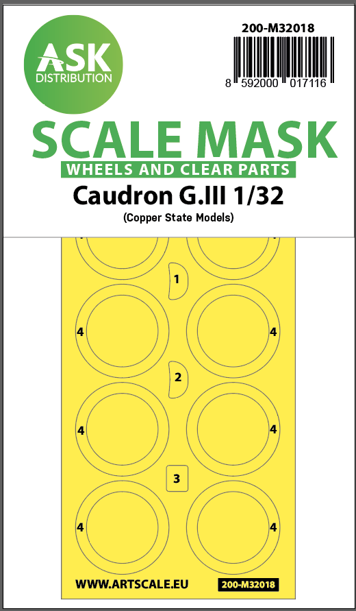 Art Scale 200-M32018 1:32 Caudron G.III wheels and canopy frame paint masks (outside only) Kabuki masking foil